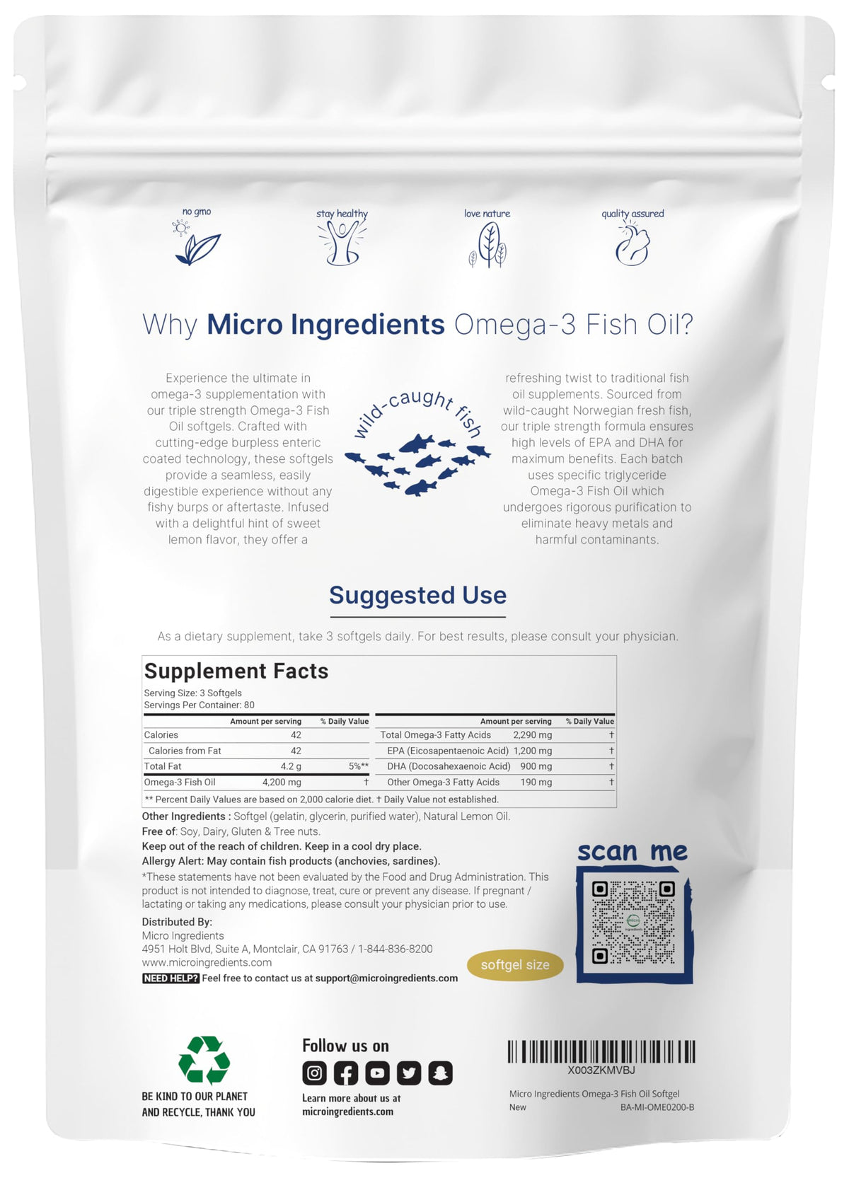 Omega 3 Fish Oil 4200mg & Cod Liver Oil 2000mg 360 Softgels Lemon Flavored E399