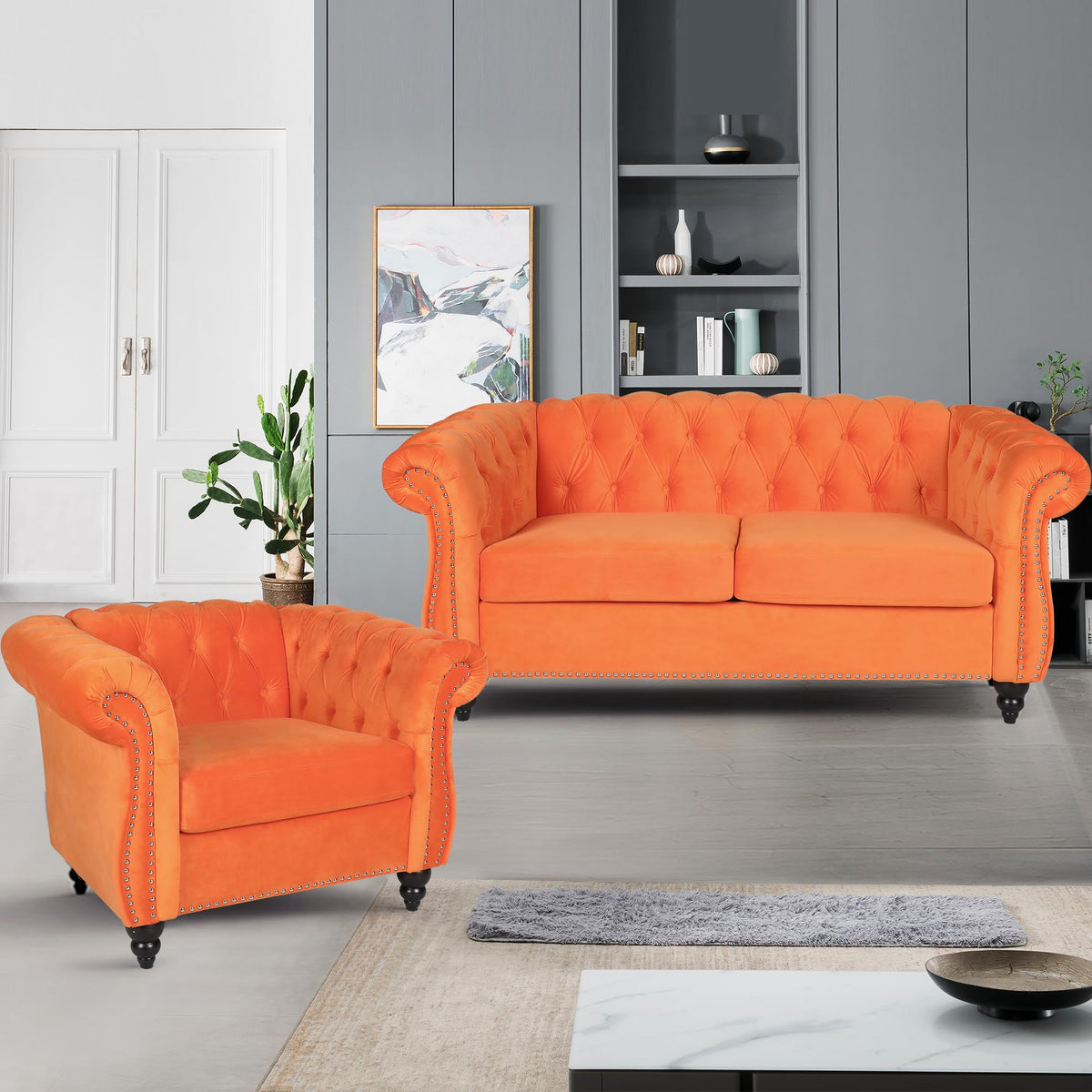 Orange Velvet Tufted Sofa Set U4015
