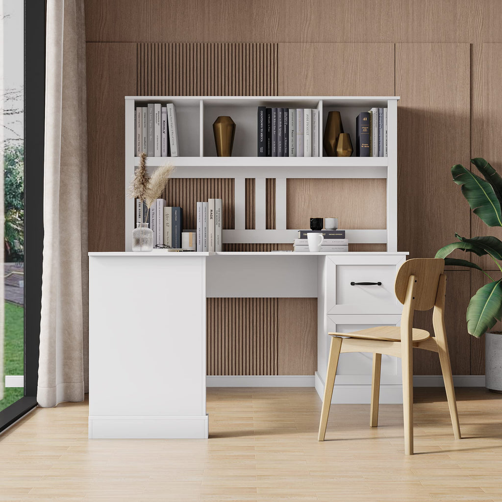 L Shaped Desk with Hutch, Drawer & Shelves, White G992