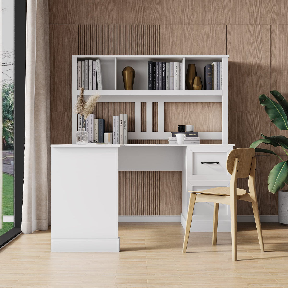 L Shaped Desk with Hutch, Drawer & Shelves, White G992