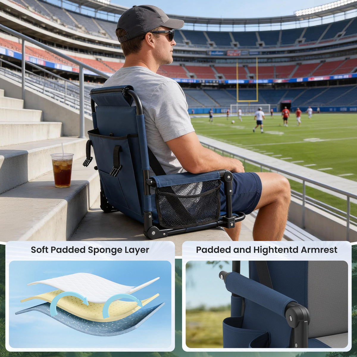 Portable Foldable Bleacher Chair with Cup Holders Blue H38776