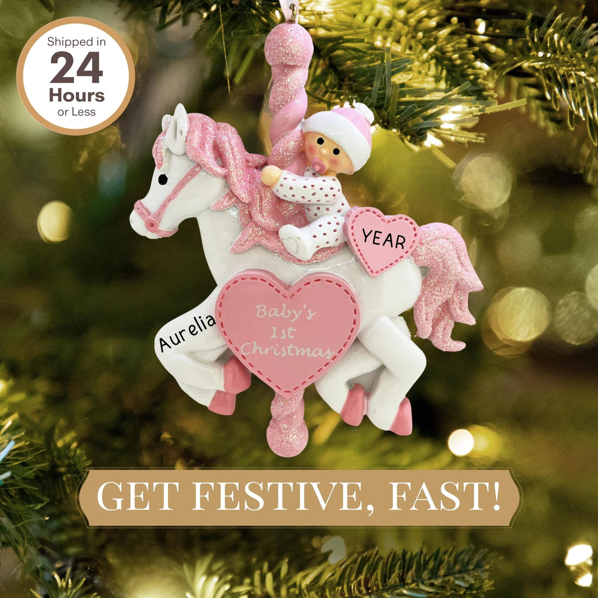 Baby's First Christmas Ornament 2026 Pink Carousel L1445