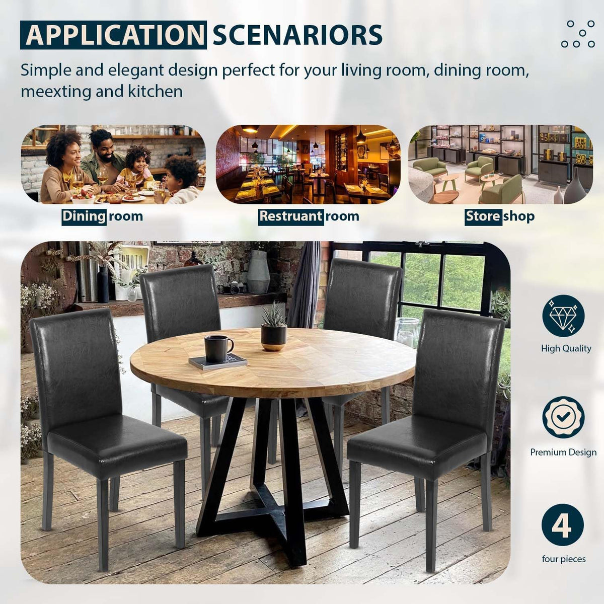 Black Set of 4 PU Leather Upholstered Dining Chairs with Solid Wood Legs O114555
