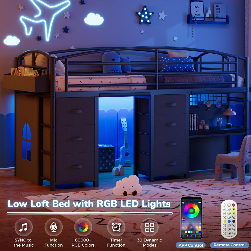 Twin Size Low Loft Bed with 7 Storage Drawers, Desk and LED Lights, Black O676306