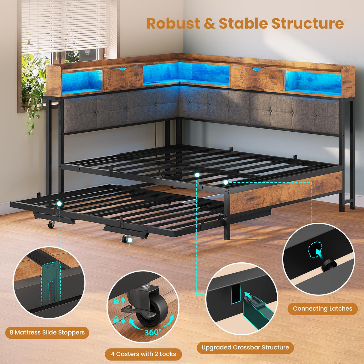 Black Corner Full Bed Frame with Trundle H76432