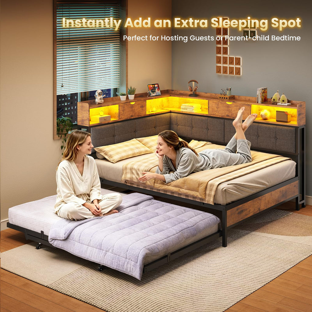 Black Corner Full Bed Frame with Trundle H76432