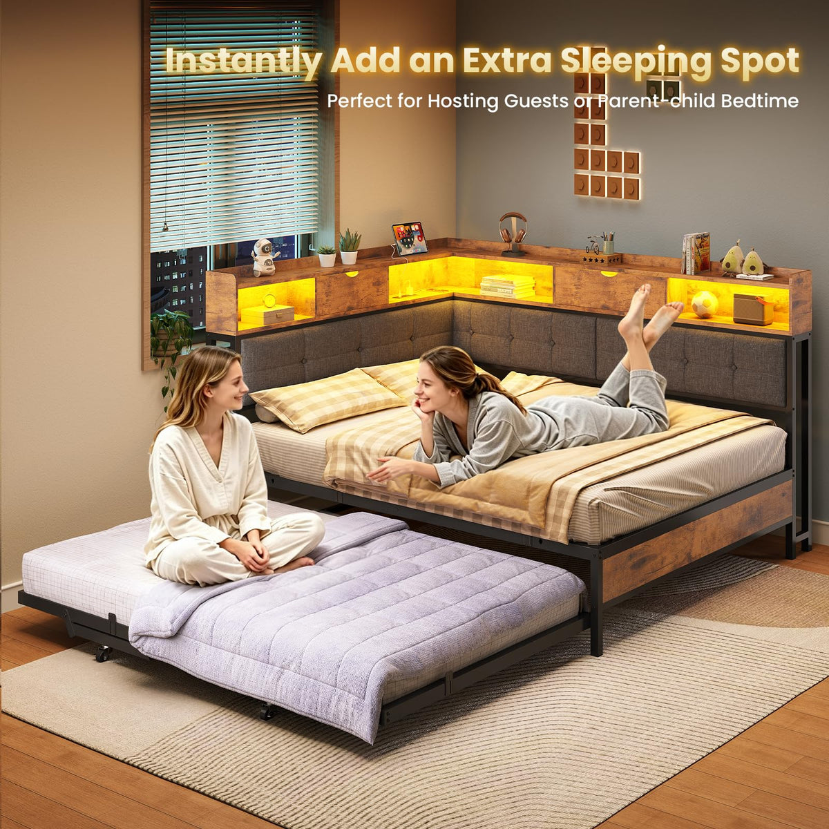 Black Corner Full Bed Frame with Trundle H76432