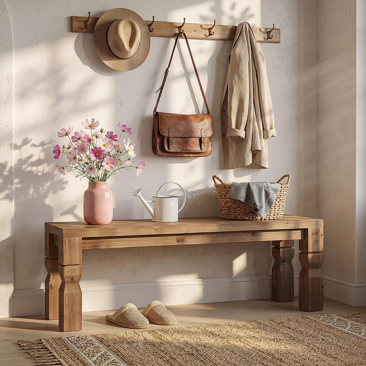 Solid Wood Bench 55-Inch Long Rustic Brown H576
