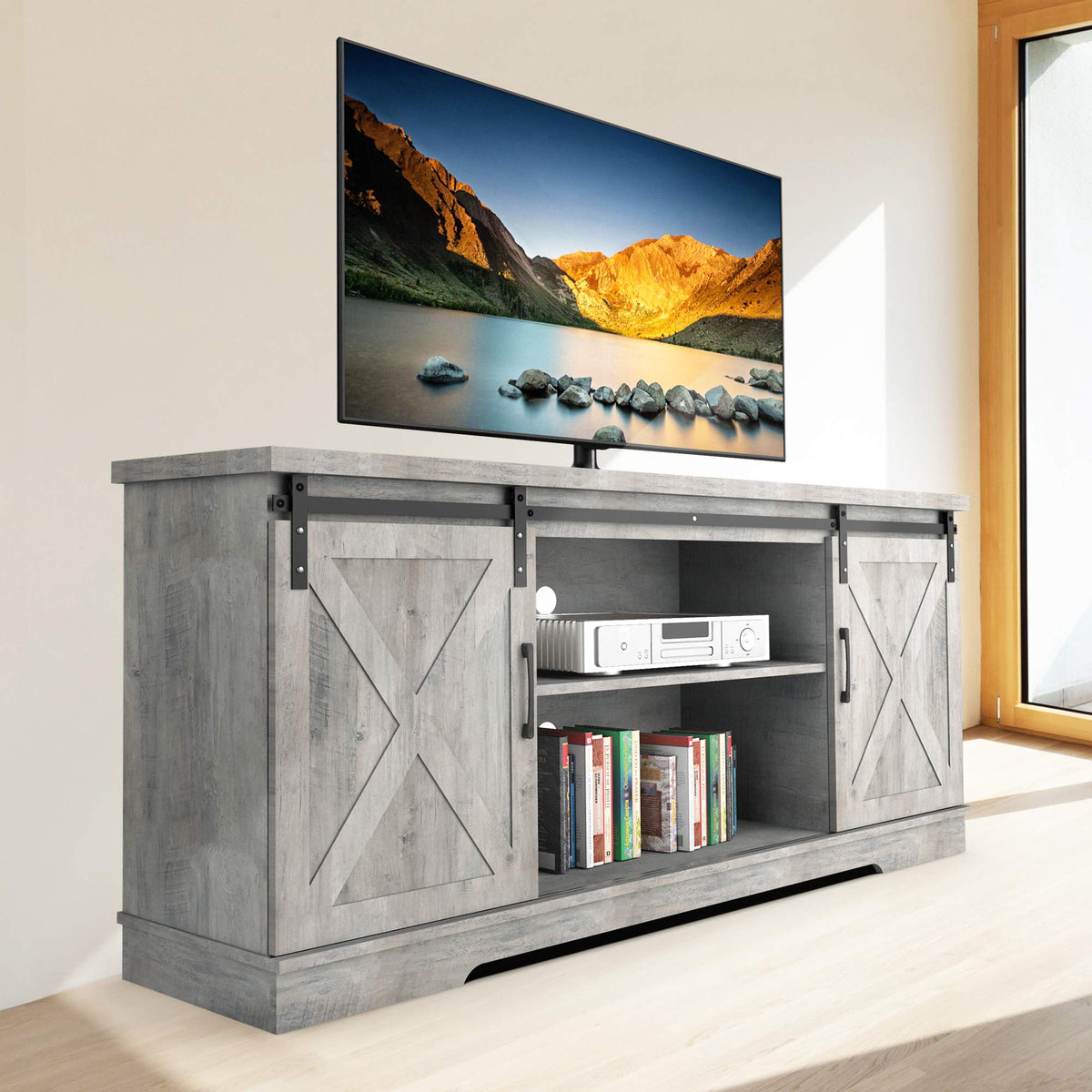 65 Inch Oak TV Stand with Storage Cabinet I409