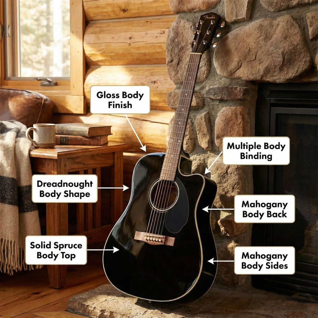 Black Solid Top Dreadnought Acoustic-Electric Guitar with Hard Case Y57882