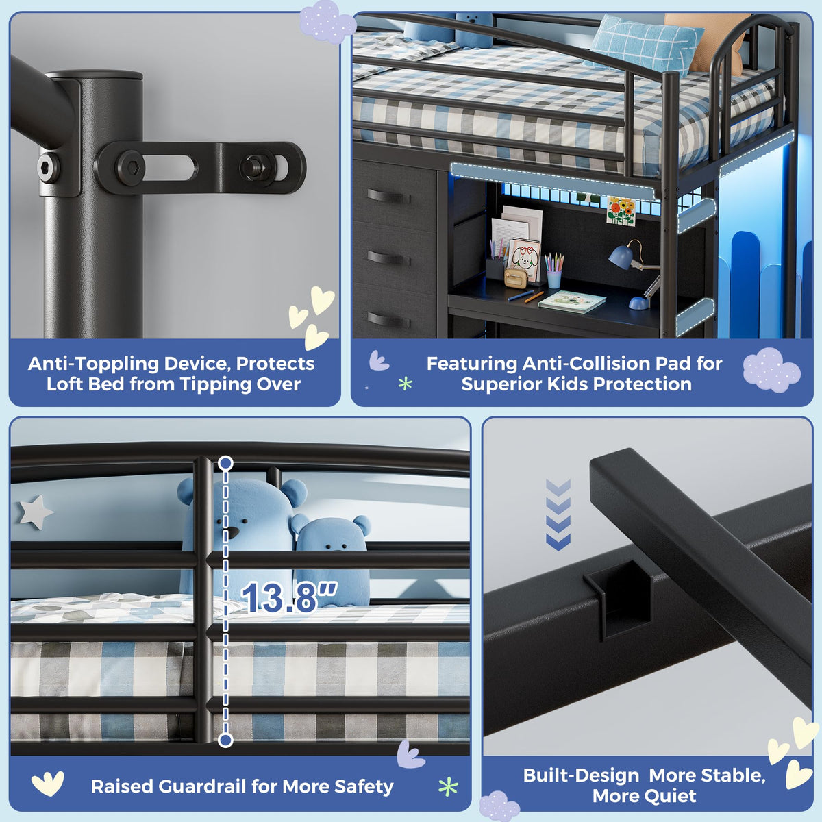 Twin Size Low Loft Bed with 7 Storage Drawers, Desk and LED Lights, Black O676306