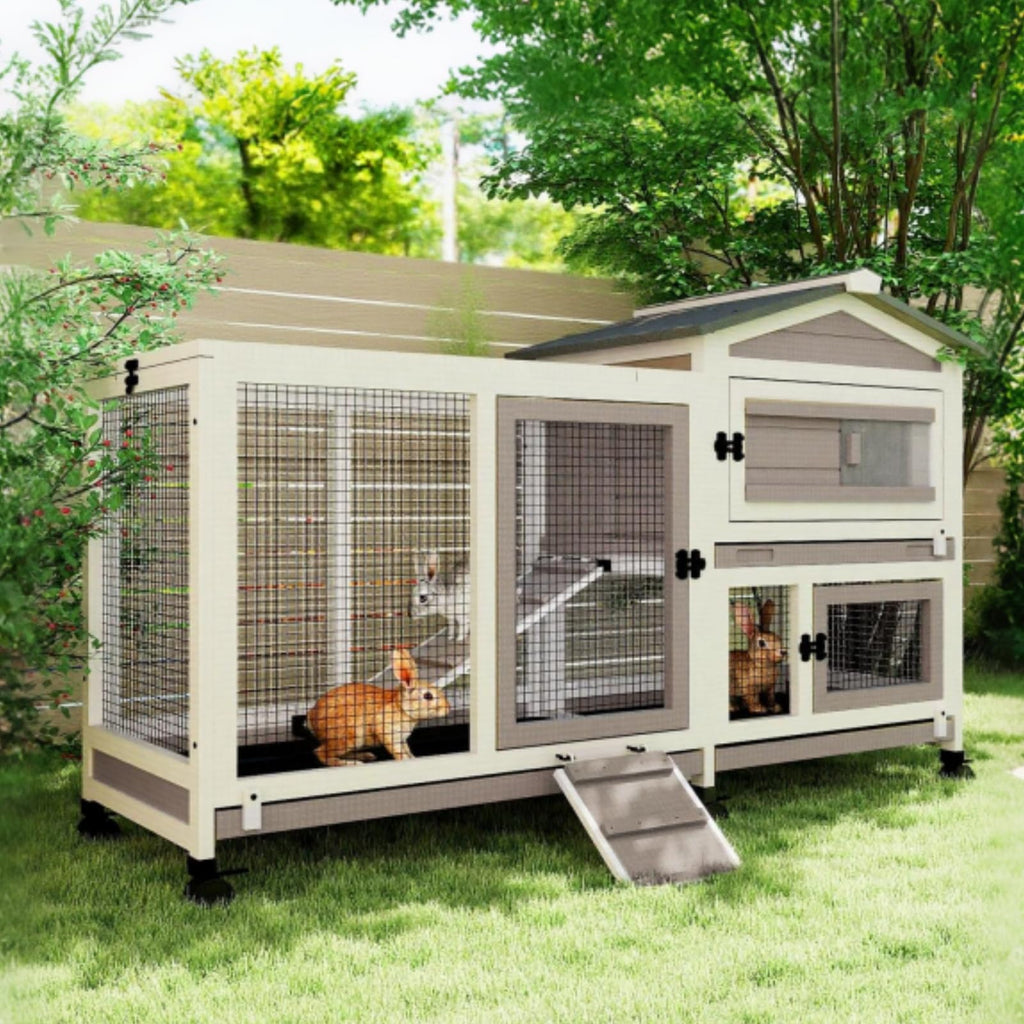 2 Story Wooden Rabbit Hutch with 6 Lockable Wheels H942