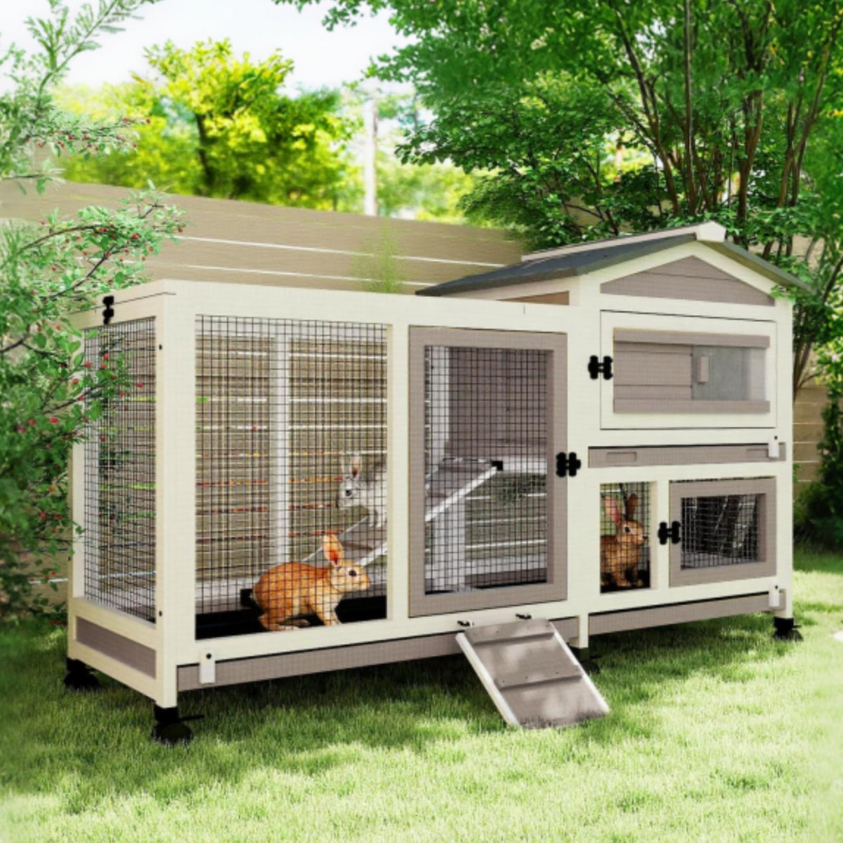 2 Story Wooden Rabbit Hutch with 6 Lockable Wheels H942