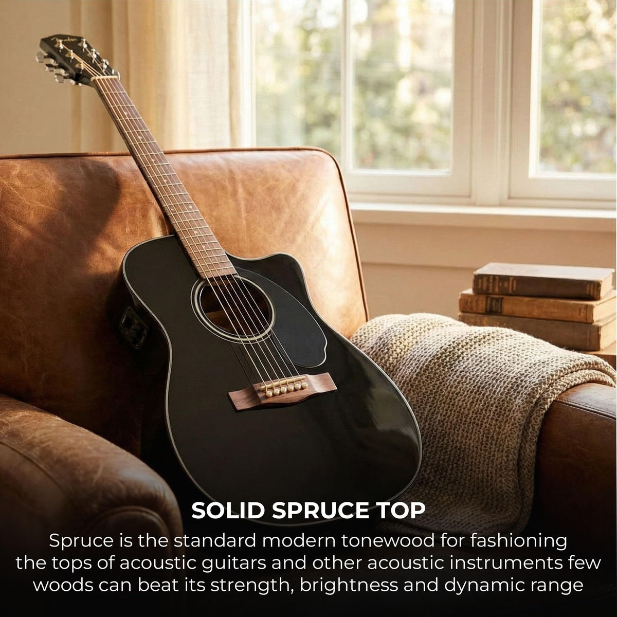Black Solid Top Dreadnought Acoustic-Electric Guitar with Hard Case Y57882