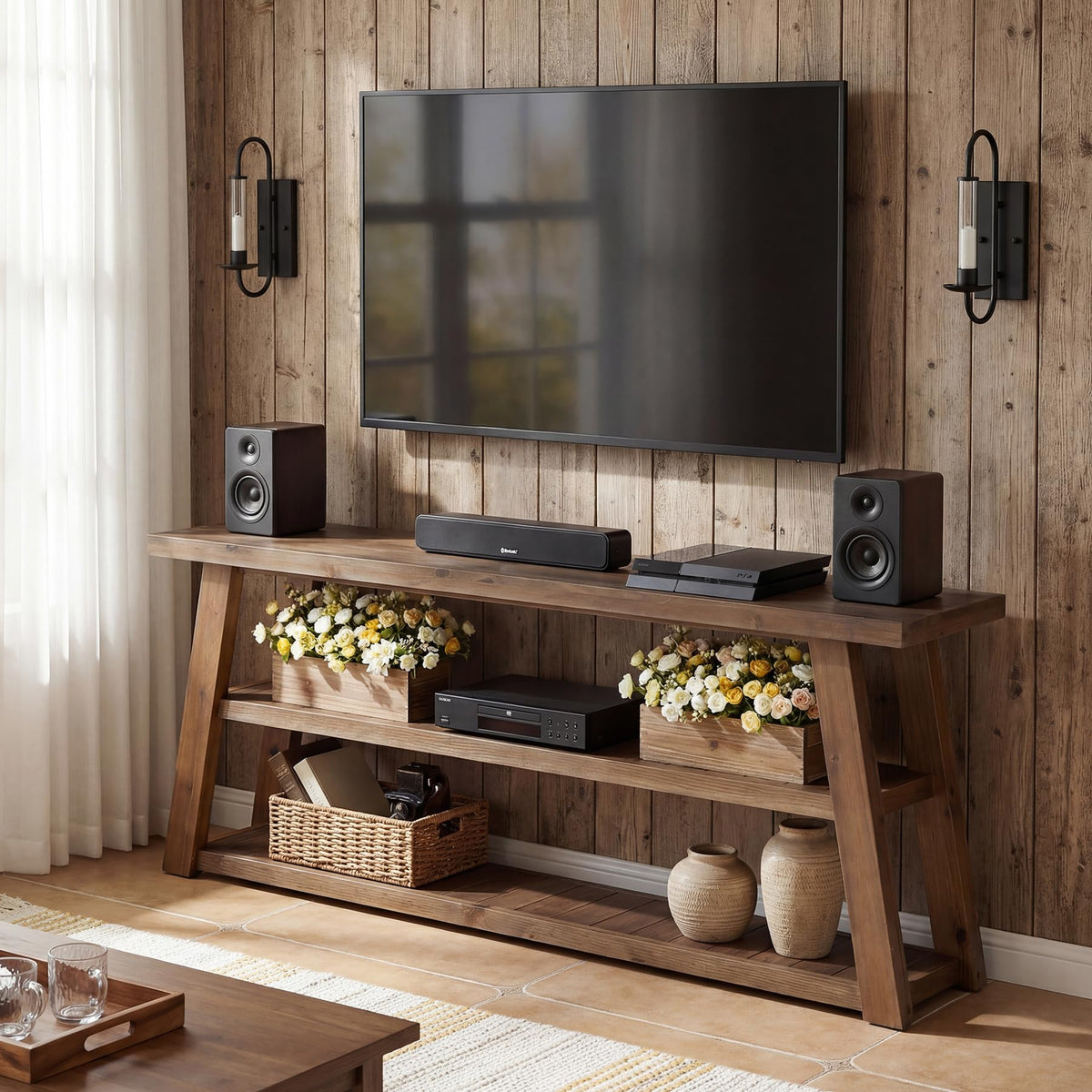 3-Tier Solid Wood TV Stand with Open Storage Shelves K4322