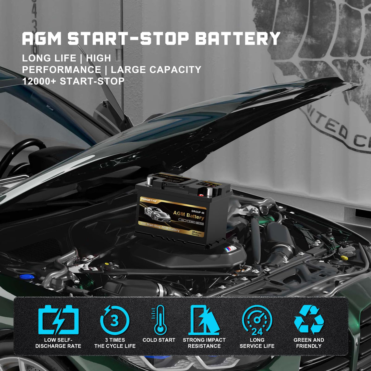 Group Size 48 AGM Car Battery, 12V 70 AH, 800 CCA B353275