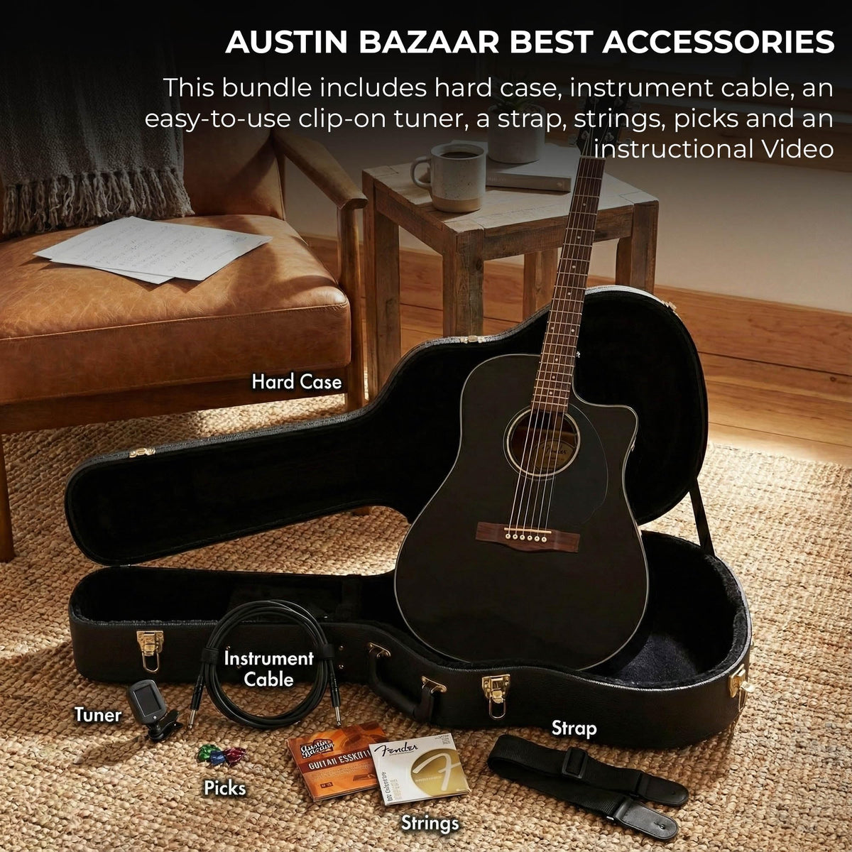 Black Solid Top Dreadnought Acoustic-Electric Guitar with Hard Case Y57882