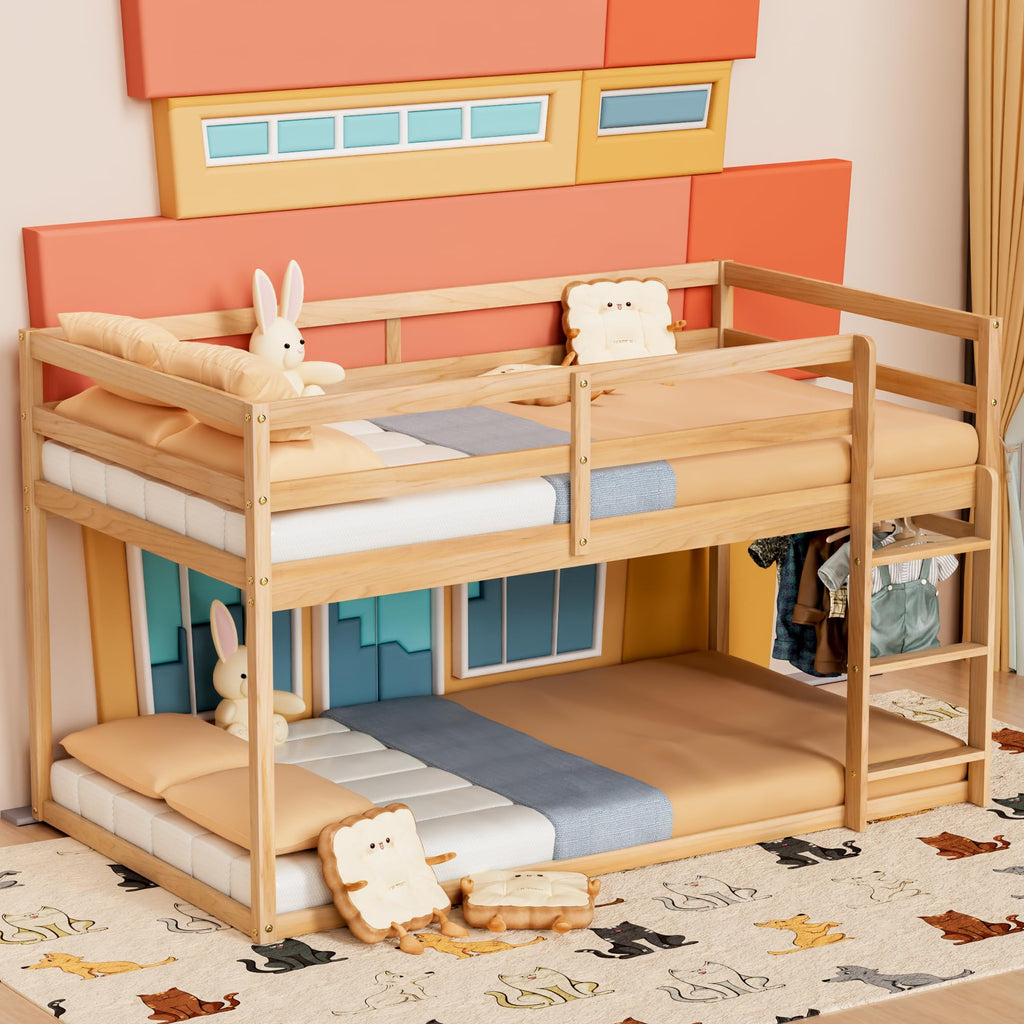 Twin Over Twin Low Bunk Bed with Ladder and Guardrails S785