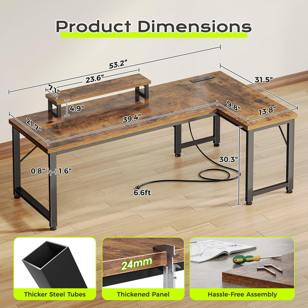 53" L Shaped Computer Desk with Outlets L5220