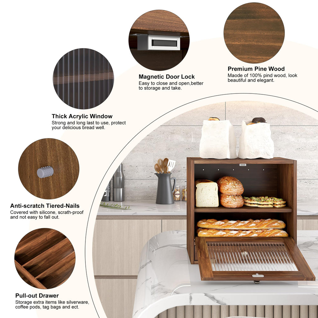 Wooden Bread Box with Drawer & Window G572