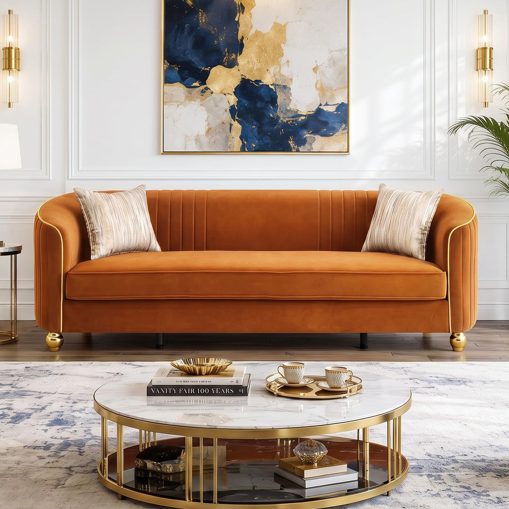 Velvet Modern Sofa Couch 3-Seater Deep Seat Sofa, Orange Y68590