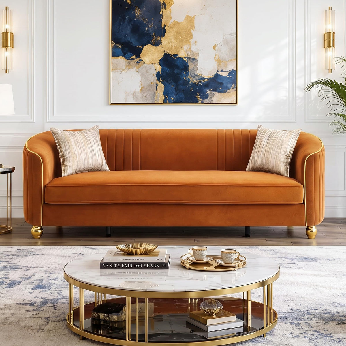 Velvet Modern Sofa Couch 3-Seater Deep Seat Sofa, Orange Y68590