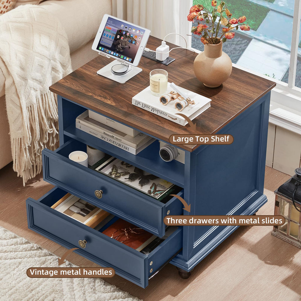 Blue 2 Drawer Nightstand Set of 2 with Charging Station Z567318