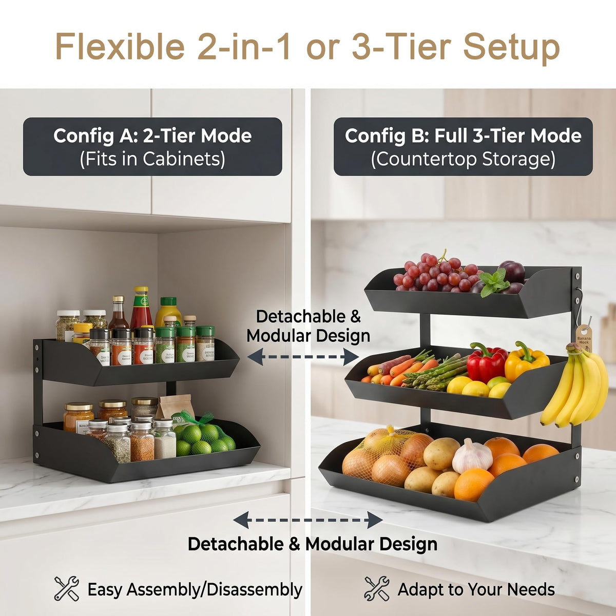 3-Tier Metal Fruit Basket with Banana Holder F554