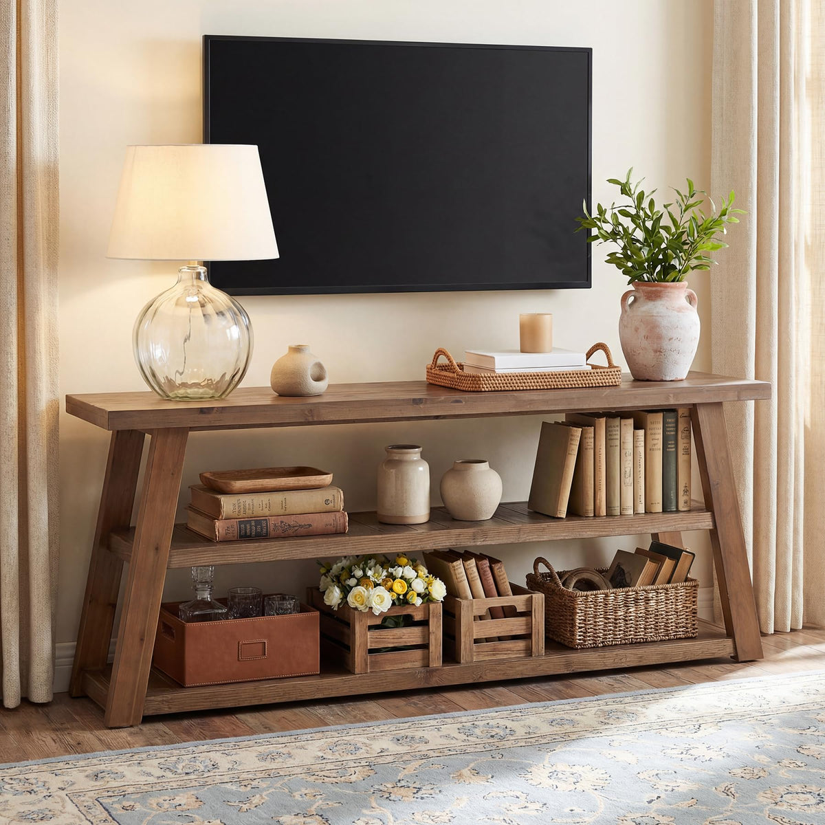 3-Tier Solid Wood TV Stand with Open Storage Shelves K4322