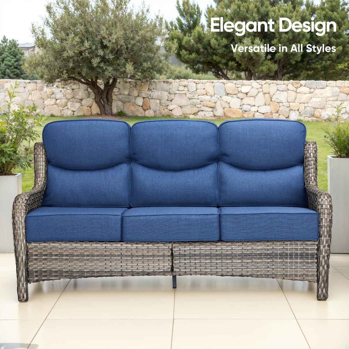 Grey Wicker 3-Seat Outdoor Sofa with Cushion V198389