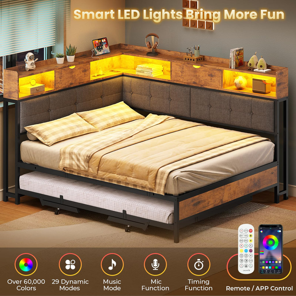 Black Corner Full Bed Frame with Trundle H76432