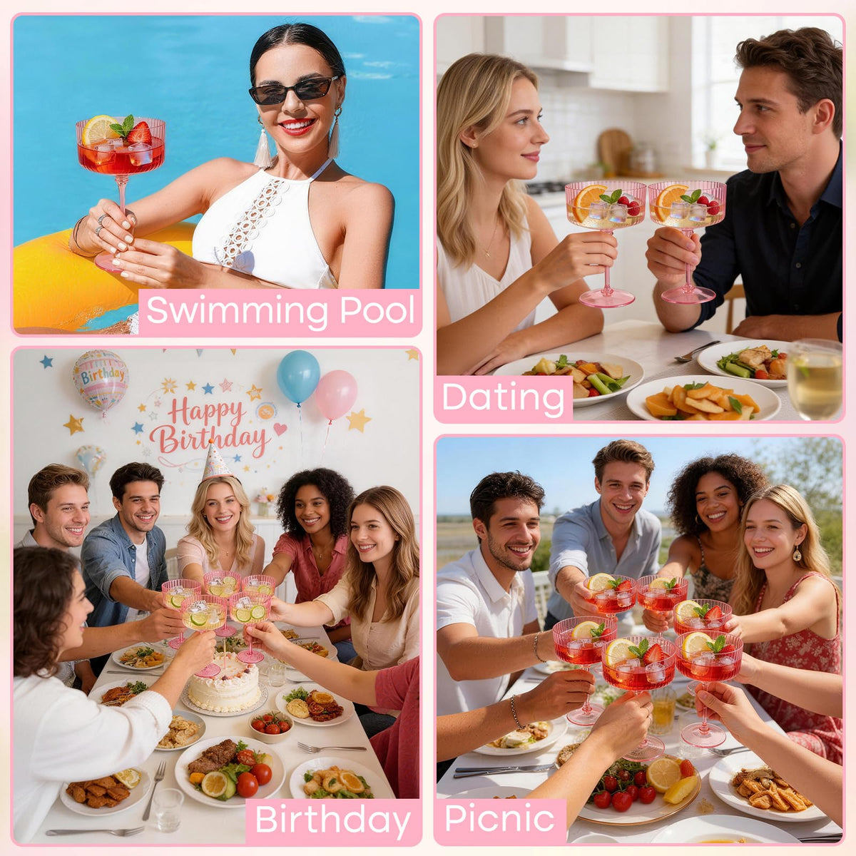 6 Pcs 10 Oz Pink Champagne Martini Glasses Set B106