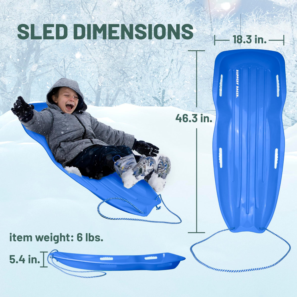 Kids Plastic Snow Sled with Pull Rope and Handles, Blue J586906