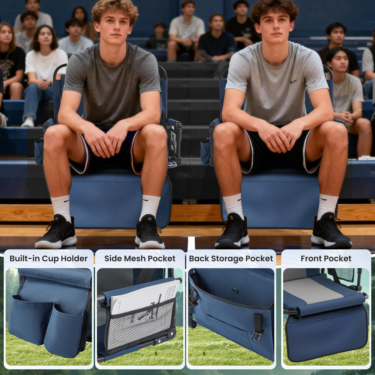 Portable Foldable Bleacher Chair with Cup Holders Blue H38776
