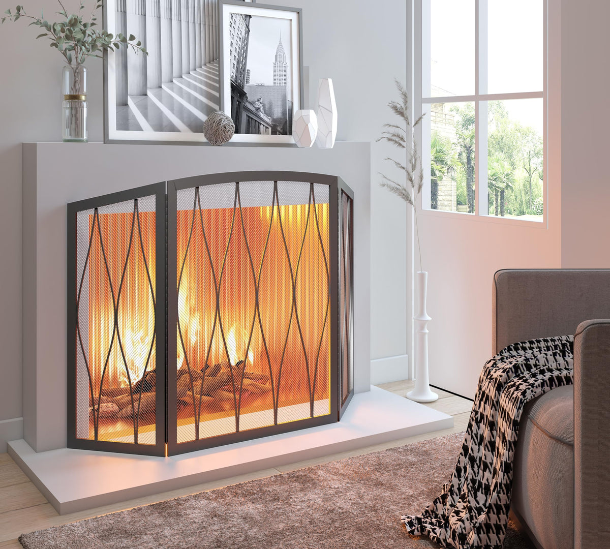 Childproof 3-Panel Wrought Iron Fireplace Screen D1372