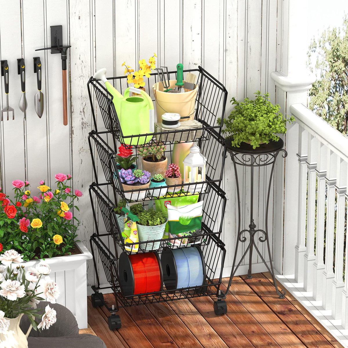 4-Tier Stackable Wire Storage Baskets with Wheels W985