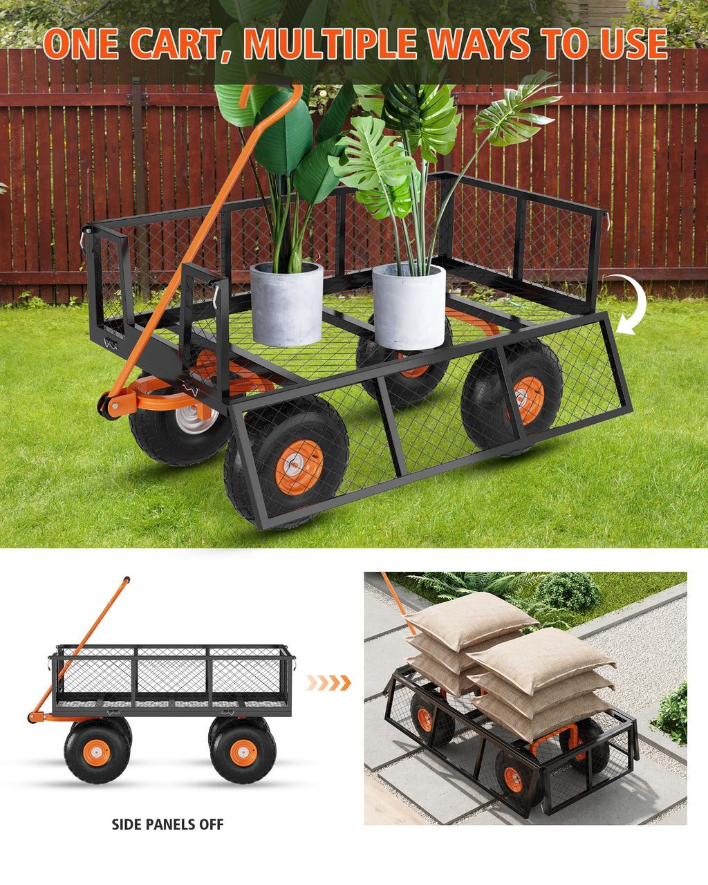 Heavy Duty Steel Garden Cart 900 LBS Capacity 3 in 1 Pullable Wagon with 10 in Wheels L8936