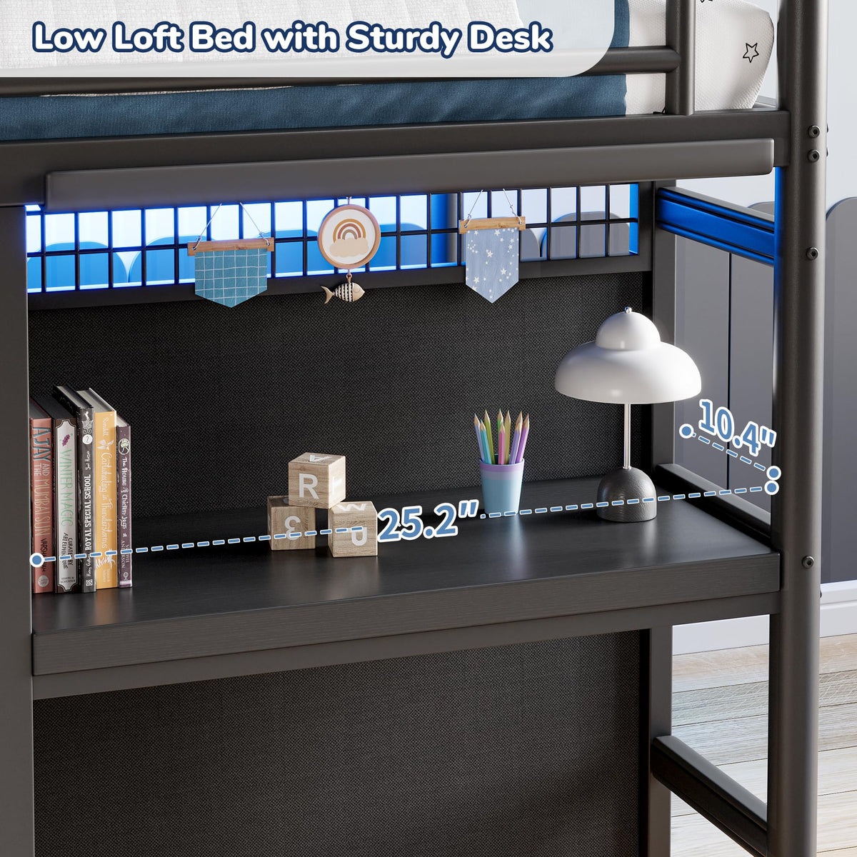 Twin Size Low Loft Bed with 7 Storage Drawers, Desk and LED Lights, Black O676306