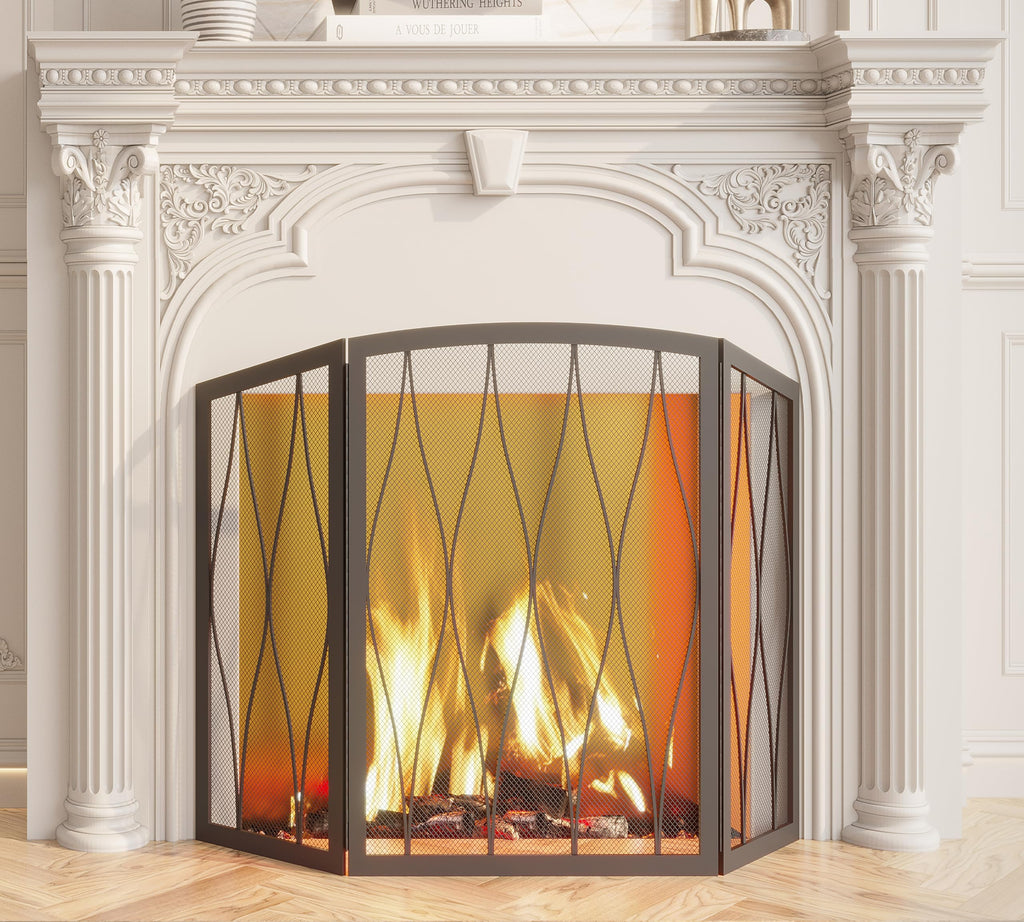 Childproof 3-Panel Wrought Iron Fireplace Screen D1372