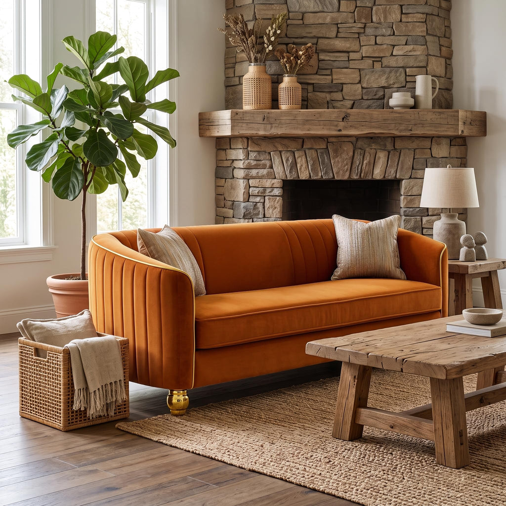 Velvet Modern Sofa Couch 3-Seater Deep Seat Sofa, Orange Y68590