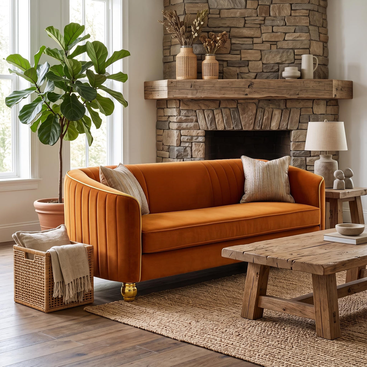 Velvet Modern Sofa Couch 3-Seater Deep Seat Sofa, Orange Y68590