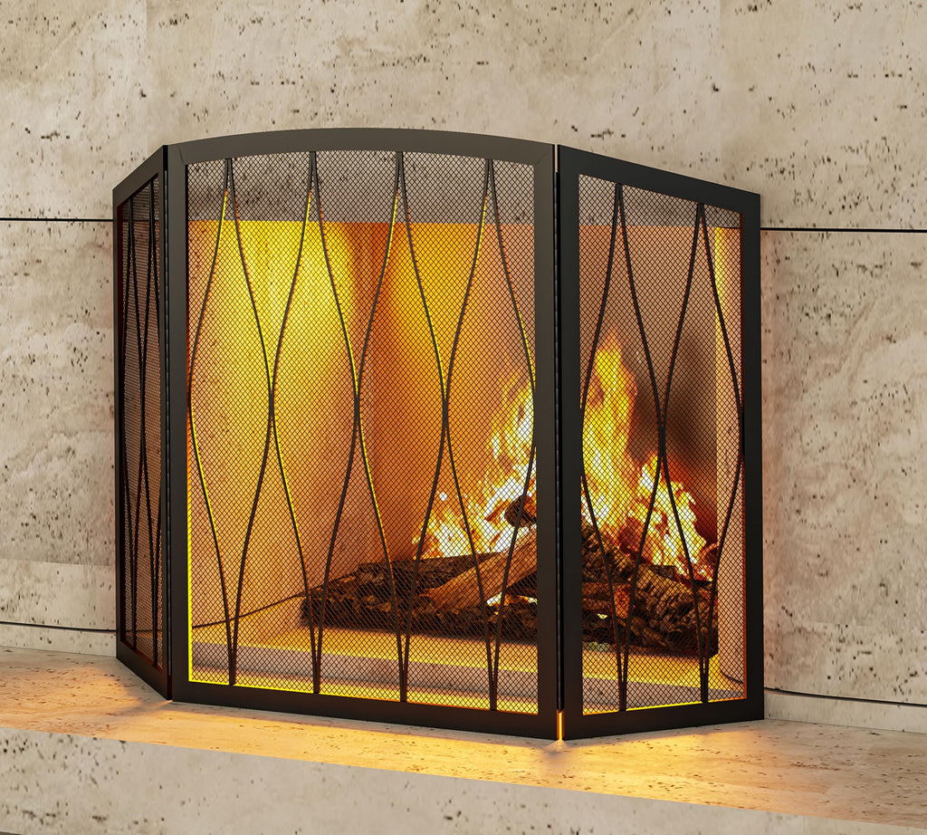 Childproof 3-Panel Wrought Iron Fireplace Screen D1372