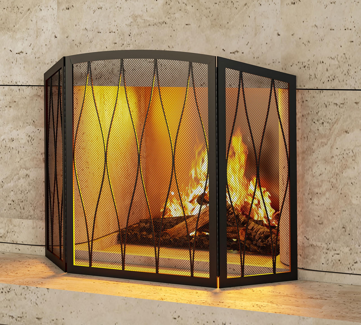 Childproof 3-Panel Wrought Iron Fireplace Screen D1372