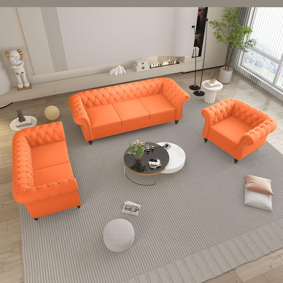 Orange Velvet Tufted Sofa Set U4015