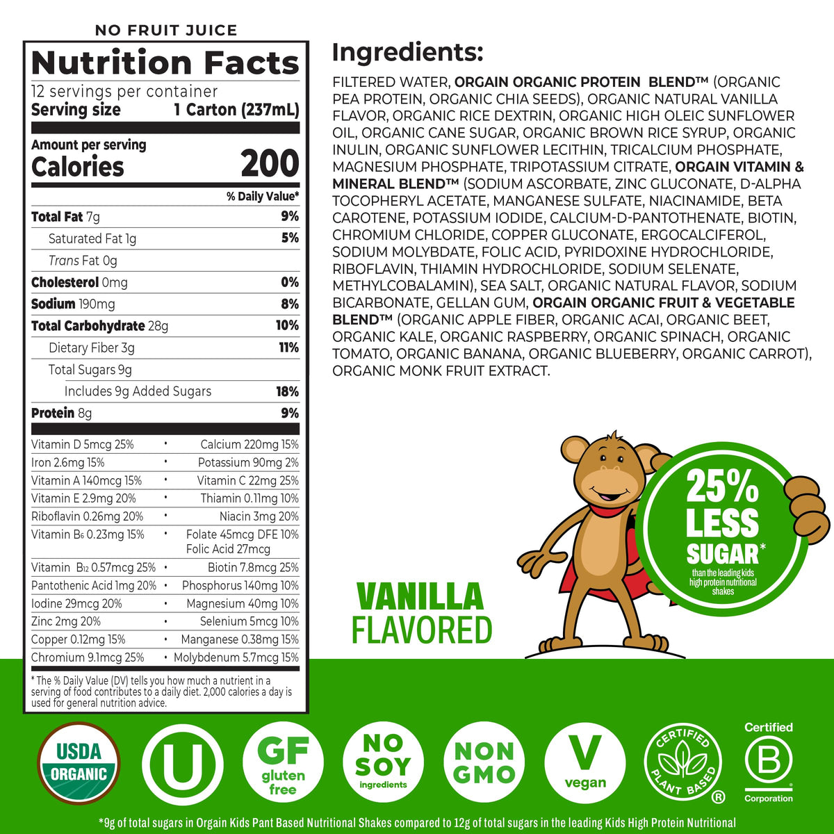 Organic Kids Vegan Protein Shakes Vanilla 8g Plant Protein 8 Fl Oz 12 Pack A80030