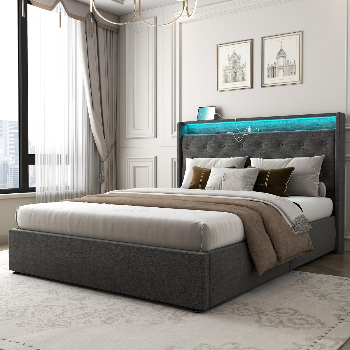 Queen Lift Up Storage Bed Frame with Charging Station & LED Lights Dark Grey I242214