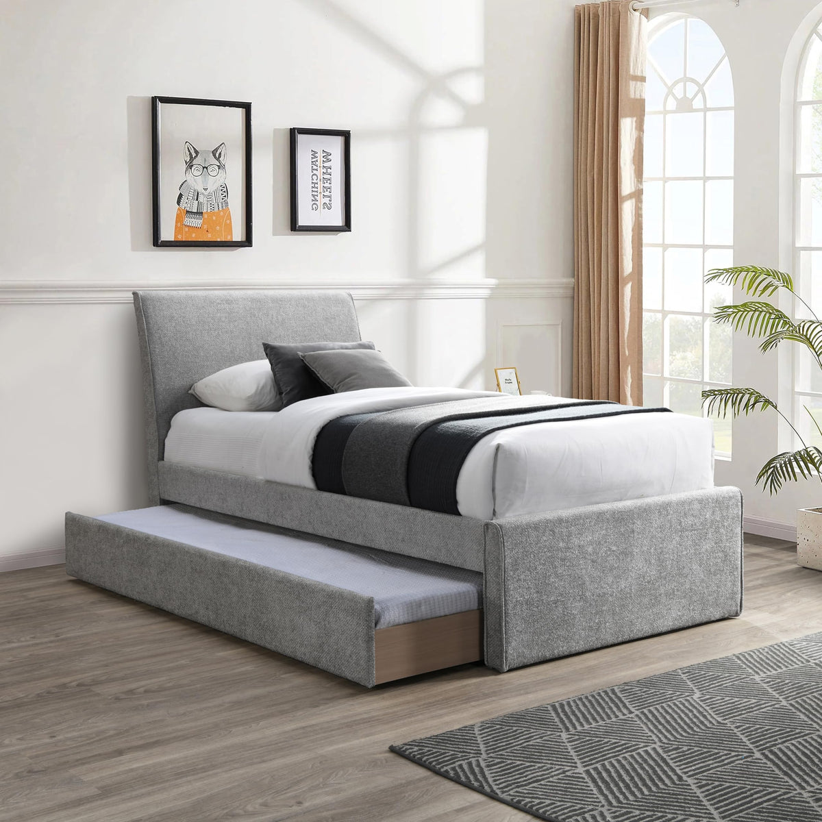 Grey Chenille Twin Trundle Bed H2120