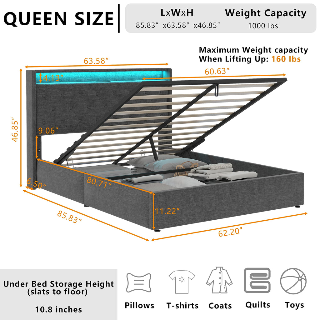 Queen Lift Up Storage Bed Frame with Charging Station & LED Lights Dark Grey I242214