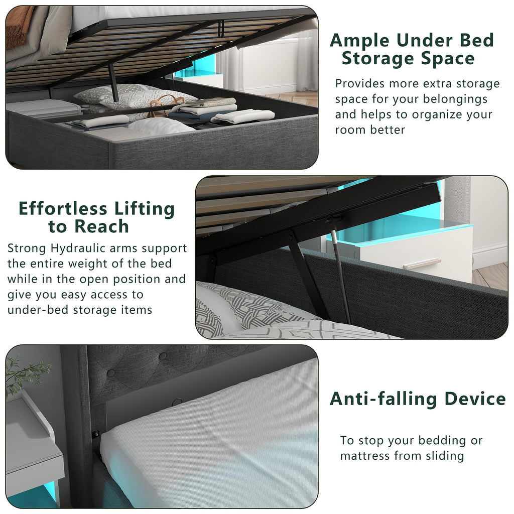 Queen Lift Up Storage Bed Frame with Charging Station & LED Lights Dark Grey I242214