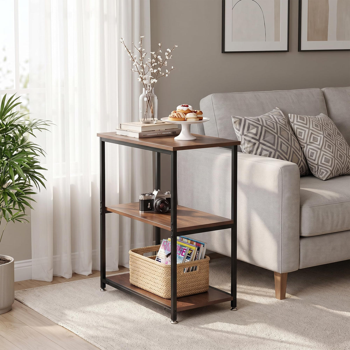 Tall End Side Table with 3-Tier Storage Shelf W957050